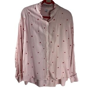 Time And Tru Long Sleeve Button Shirt Pink White Stripes Hearts Woman XL 16-18
